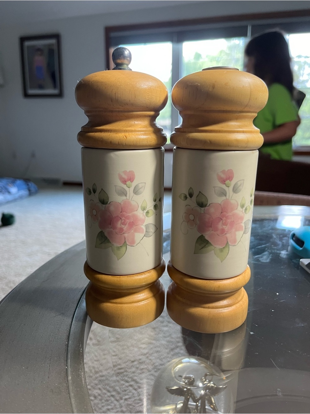 Floral Ceramic & Wood Salt and Pepper Shakers - Cream with Pink Flowers